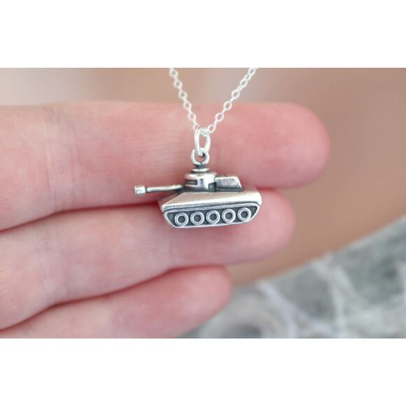 Sterling Silver Military Tank Pendant Necklace, Military Tank Necklace - Picture 3 of 4
